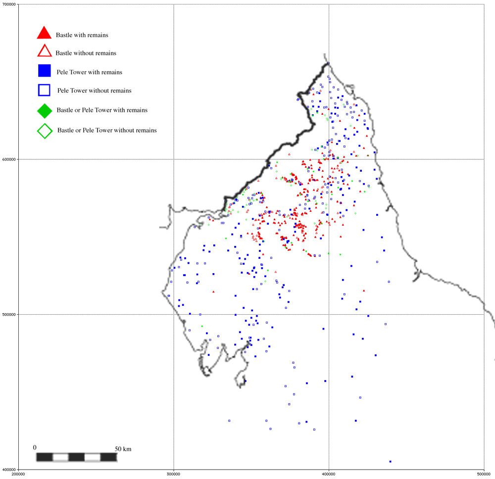 Distribution Map of Bastles and Pele Towers of Northern England