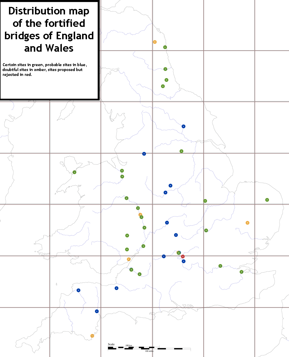 Distribution map of Fortified Bridges England