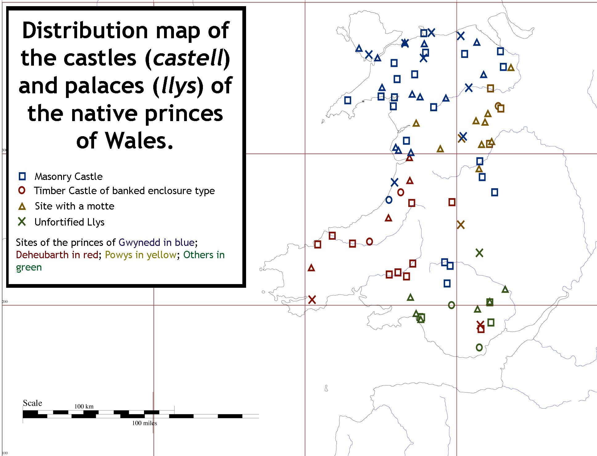 Distribution map of the castles and palaces of the native welsh princes