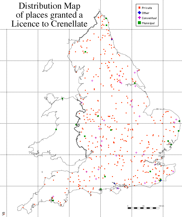 Distribution map of places granted a licence to crenellate