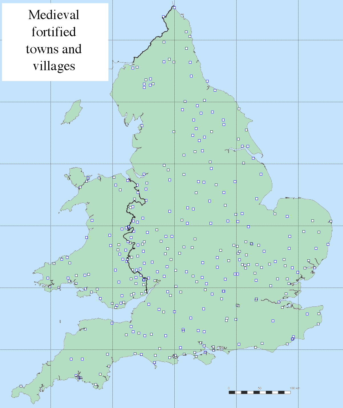 Distribution map of medieval urban fortifications